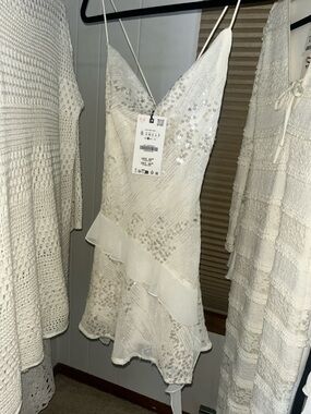 NWT-ZARA-Cream Sequin Ruffle Slip Dress